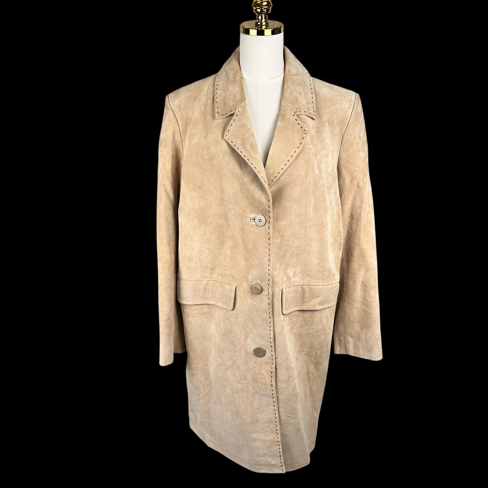 VTG Y2K Bernardo Washable Beige Suede Leather Whipstitch Trench Duster Coat L